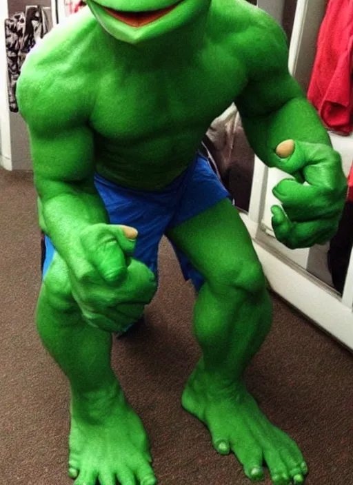 Prompt: Kermit the frog dressed as hulk”, detailed