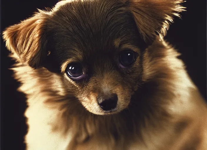 Image similar to a extreme close - up photo, color studio photographic portrait of a little dog, dramatic backlighting, 1 9 9 3 photo from life magazine,
