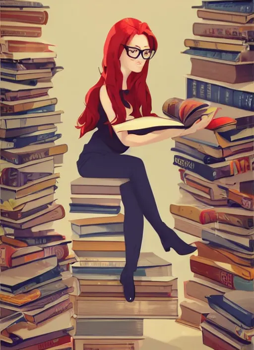 Prompt: a young woman with red hair and glasses sits on top of a tall pile of books. she is reading. cel shaded vector art. behance hd by artgerm, jesper ejsing, by rhads, makoto shinkai and lois van baarle, ilya kuvshinov, rossdraws, illustration, art by ilya kuvshinov