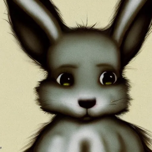 Image similar to little anthropomorphic bunny, green eyes, light brown fur, grey hair, wlop