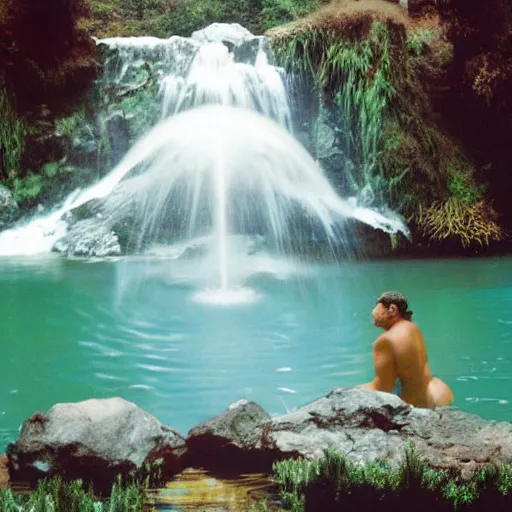 Image similar to the legend of big sir large smooth monster bathing in a small pond with a waterfall, big sur, film still