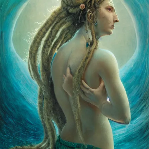 Image similar to birth of mami wata, sumerian goddess inanna ishtar, ashteroth, techno mystic goddess princess intergalactica, with aqua neon rapunzel dreadlocks, mami wata, detailed, by gaston bussiere, bayard wu, greg rutkowski, giger, maxim verehin, greg rutkowski, masterpiece, sharp focus,