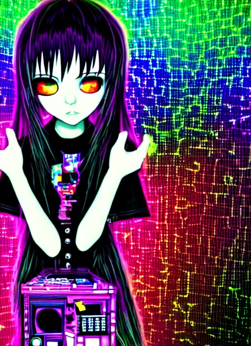 Prompt: emo lain in yume nikki scene, rainbowcore, vhs monster high, glitchcore witchcore, checkered spiked hair, witchcore clothes, pixiv detailed maximalist maximalism, a hacker hologram by penny patricia poppycock, pixabay contest winner, holography, irridescent, photoillustration, maximalist vaporwave - n 9