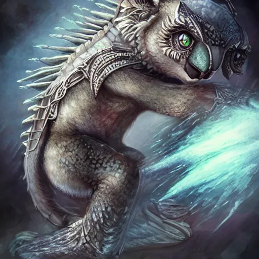 Image similar to a koala as a dragon, scare, highly detailed face, full body, fantasy art, monster art, style of masami kurumada, illustration, epic, fantasy, intricate, hyper detailed, artstation, concept art, smooth, sharp focus, ray tracing