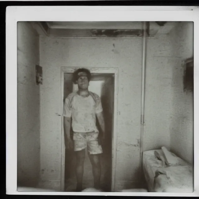 Image similar to found polaroid photo, flash, interior abandoned hospital, spongebob squarepants standing