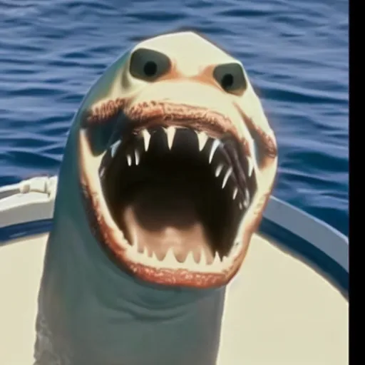 Image similar to Live Action Still of Jerma in Jaws, real life, hyperrealistic, ultra realistic, realistic, highly detailed, epic, HD quality, 8k resolution, body and headshot, film still