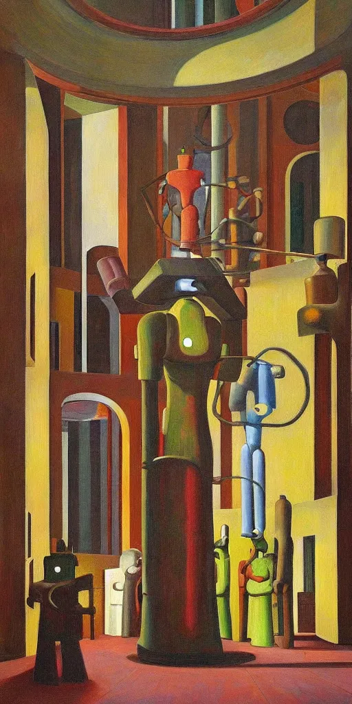 Image similar to robot druids in a grandiose atrium, grant wood, pj crook, edward hopper, oil on canvas