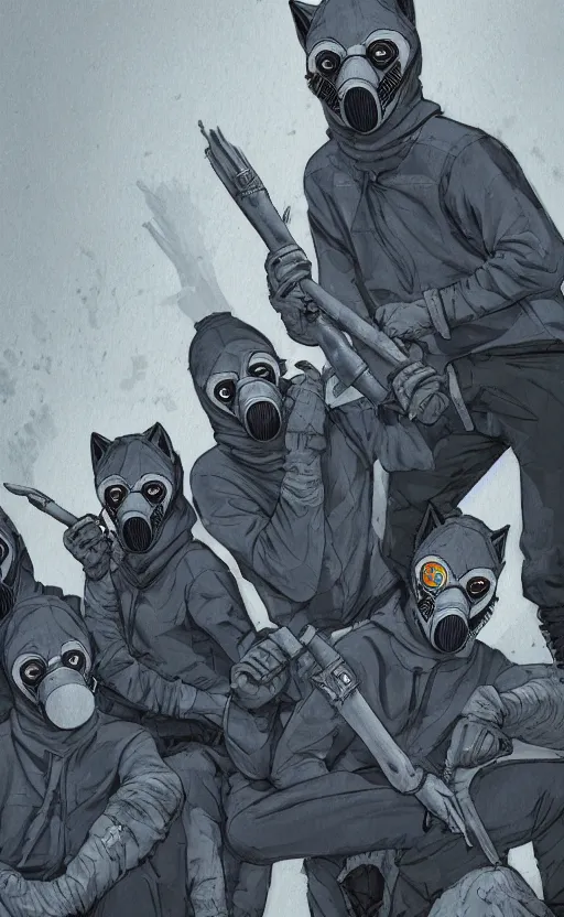 Image similar to wolfs gang, grey blue hoodie, group photo, punk art, warehouse, weapon, drugs, flex box position, grey bandana, gasmask, wolf mask, fiction, stability, intricate, elegant, 8 k, uhd, justify, artstation, concept art, matte, sharp focus, illustration, consistent, highly detailed object content, proportional object content