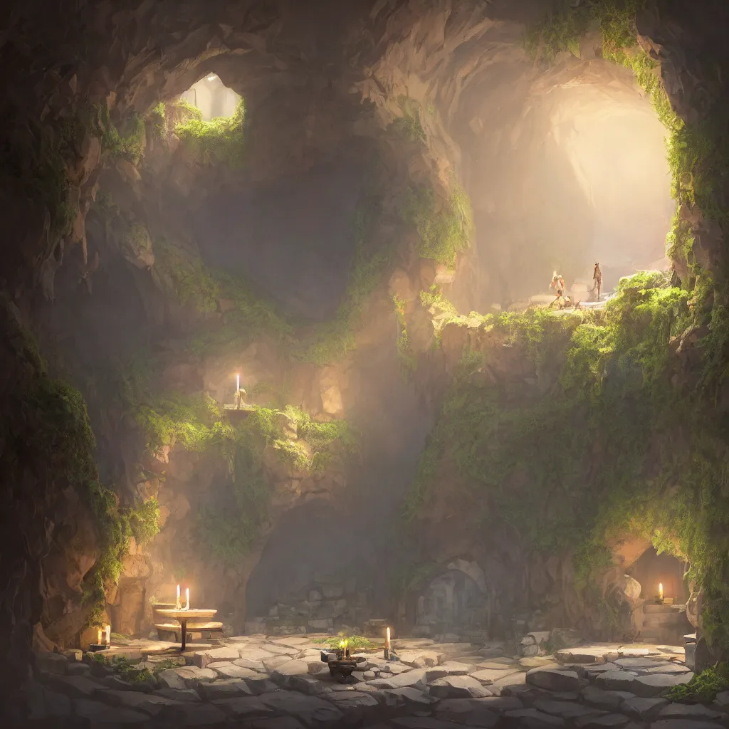 Image similar to secret overwatch common area carved inside a cave, doors to various bedrooms, sheltered, magical, natural light, lush central tree, flowers, candle light, cinematic lighting, clean lines, cozy, fantasy, minimalist architecture, sharp focus, concept art, octane render 4 k, artstation, by greg rutkowski