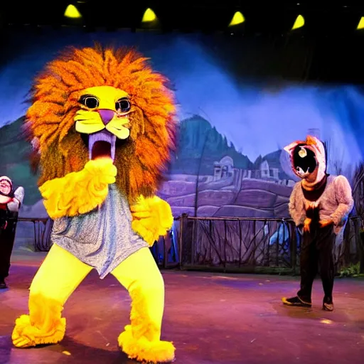 Image similar to terrible lion mascot costumes in a stage show at disneyland, covered outdoor stage, theatrical lighting, iphone video