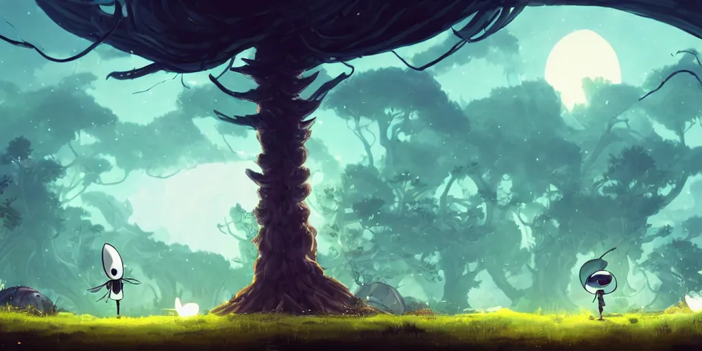 Image similar to hollow knight, Portraiting a magical tree, side scrolling, Very Cloudy Sky, Sun, Neon Lights, Subject in Middle, Rule of Thirds, 4K, Retrofuturism, Studio Ghibli, Simon Stålenhag