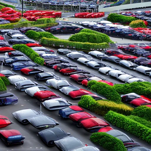 Image similar to large group of cars parking at garden by the bay in Singapore, photorealistic, ultra-detailed, high resolution