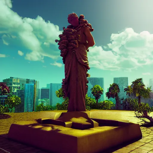 Prompt: vaporwave statue, trending on art station, 4k UHD, 8k, painting illustration, high detail, rendered in unreal engine, 3d render, god rays, volumetric lighting, award winning, photorealistic, vegetation, golden lighting