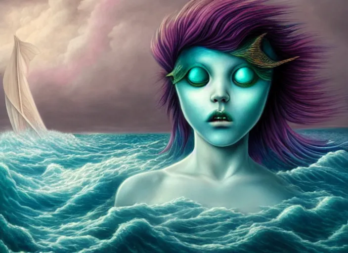 Image similar to realistic detailed image of a mermaid with rainbow hair swimming in an angry, stormy sea, anime art, anime, inspired by Mark Ryden and Zdzislaw Beksinski, gothic, rich deep colors. A masterpiece.