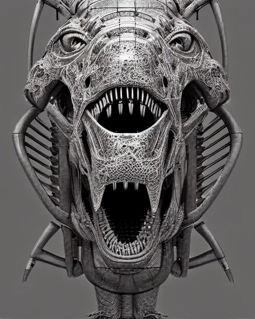 Image similar to mechanical robot trex transformer dinosaur head, bold line symmetrical illustration by peter gric, hr giger, kim jung gi, joe fenton, scifi, screen print, art station, zbrush, sharp, high contrast, ultrafine hyper detailed,