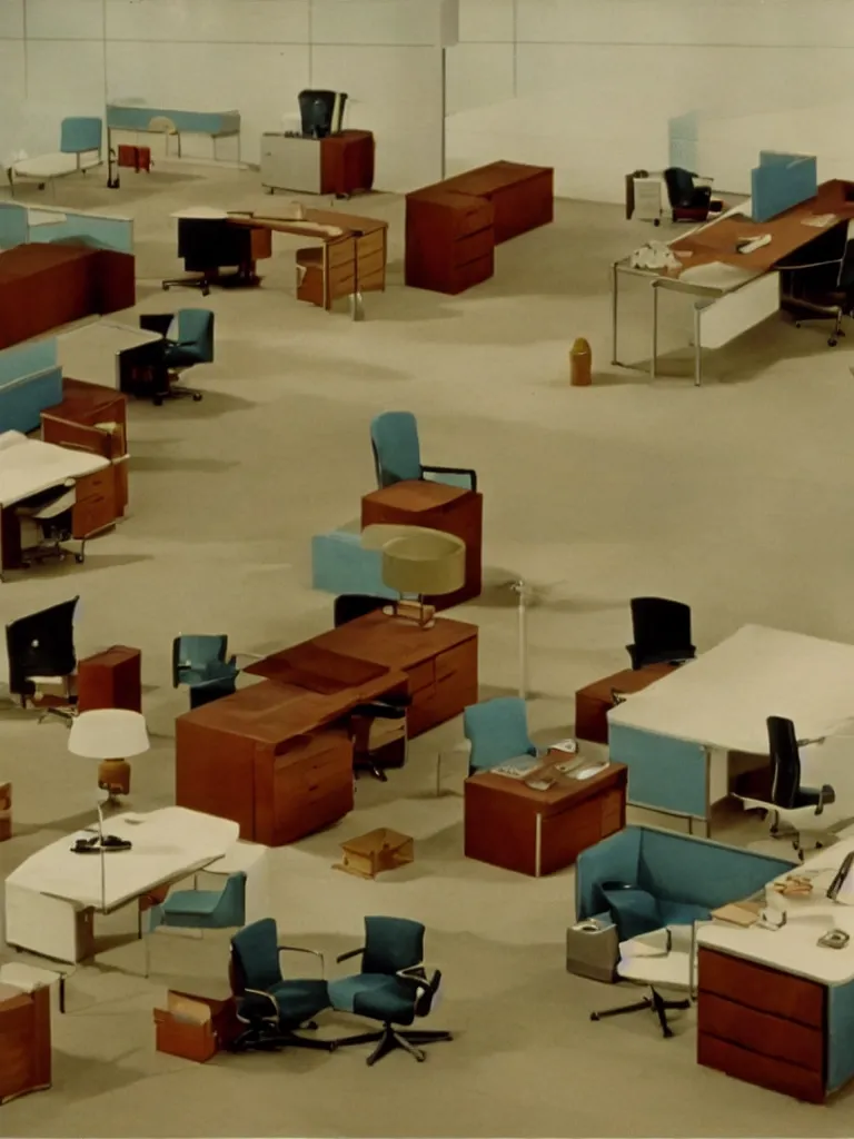 Image similar to a still of severance series indoor 7 0 s furniture office scenario appearing in a film of jacques tati