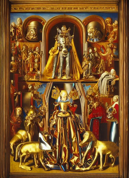 Image similar to a portrait of a shiny metallic renaissance robot, renaissance and baroque decorations, in the style of Jan van Eyck,