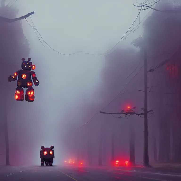 Image similar to a giant freddy fazbear robot animatronic bear in the middle of a foggy street, award - winning art by simon stalenhag, trending on artstation