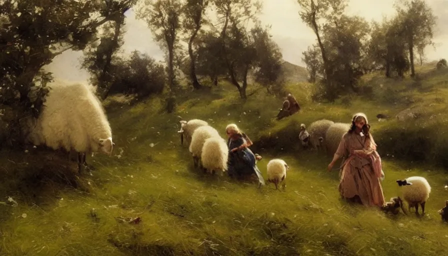 Image similar to simple villager shepherd and children with flocks of sheep in open fields, art by anders zorn, wonderful masterpiece by greg rutkowski, beautiful cinematic light, american romanticism thomas lawrence, greg rutkowski