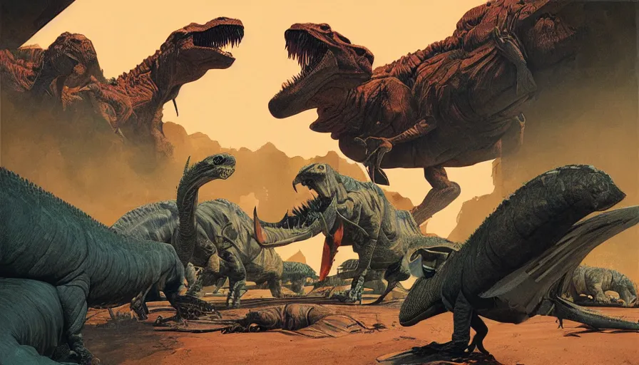 Image similar to the impact that destroyed the dinosaurs by syd mead and moebius, hyperrealistic, dinosaurs scorched