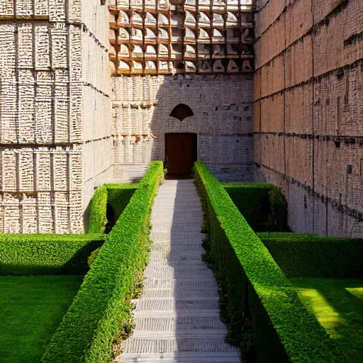 Prompt: courtyard complex of a labyrinthine monastary made of thousands of iteratively stacked and interlocked stones and bricks and wood, fusion of carlo scarpa and louis kahn, ivy growing on the bricks, people walking around and sitting on steps, architectural photography