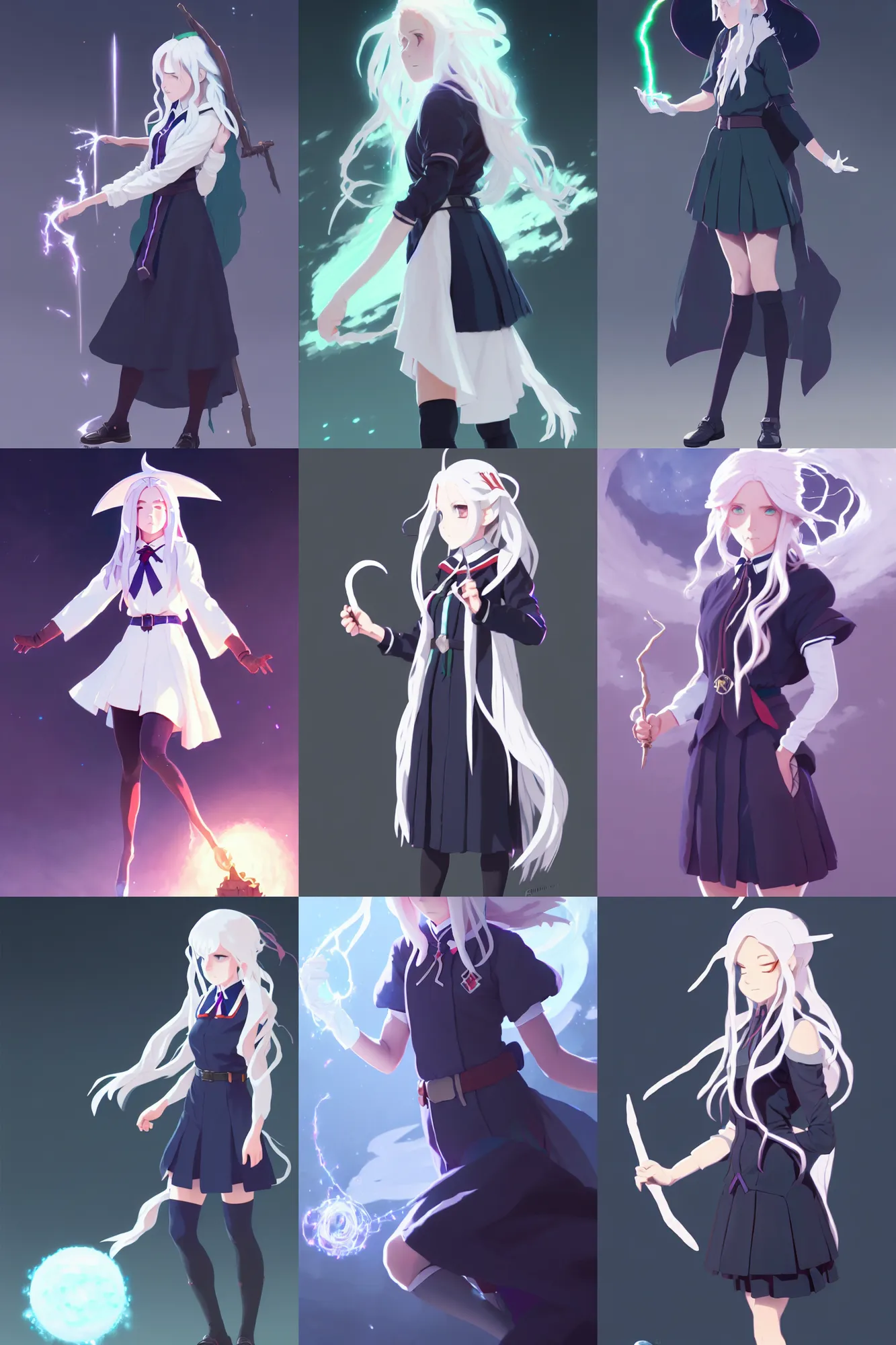 Image similar to visual novel sprite of female student witch by greg rutkowski, genshin impact, witch academia, magic school uniform, glowing white iridescent hair color, by studio ghibli, digital art, trending on artstation, hd, 8 k, highly detailed, good lighting, beautiful, masterpiece