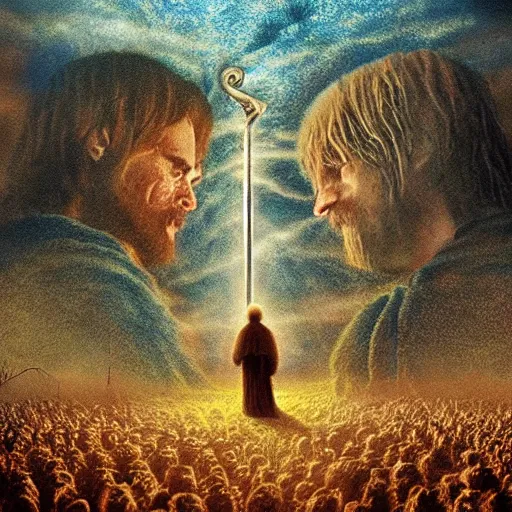 Image similar to needle felted fellowship of the ring movie poster, highly detailed, tilt shift, eerie, hyperrealism, highly textured, god rays