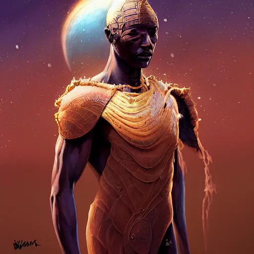 Prompt: an african!! cosmic god bending space time, watchmen, dim light, bloom, front game card, marvel comics, dark, intricate, highly detailed, smooth, artstation, digital illustration by ruan jia and mandy jurgens and artgerm and wayne barlowe and greg rutkowski and zdislaw beksinski, and adi granov