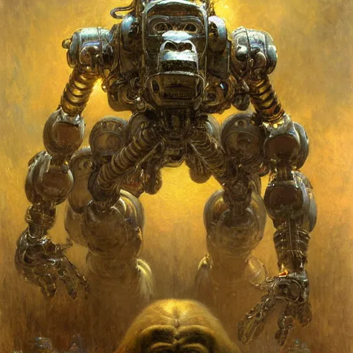 Image similar to highly detailed portrait of an humanoid robotic gorilla mecha, painting by gaston bussiere, craig mullins, j. c. leyendecker, lights, art by ernst haeckel, john william godward, hammershøi,