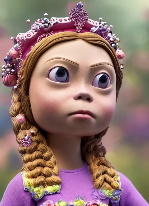 Image similar to closeup face profile portrait of tin toy greta thunberg as a fairytale princess wearing a crown eating cakes, bikini, depth of field, zeiss lens, detailed, symmetrical, centered, fashion photoshoot, by nicoletta ceccoli, mark ryden, lostfish, breathtaking, 8 k resolution, extremely detailed, beautiful, establishing shot, artistic, hyperrealistic, octane render