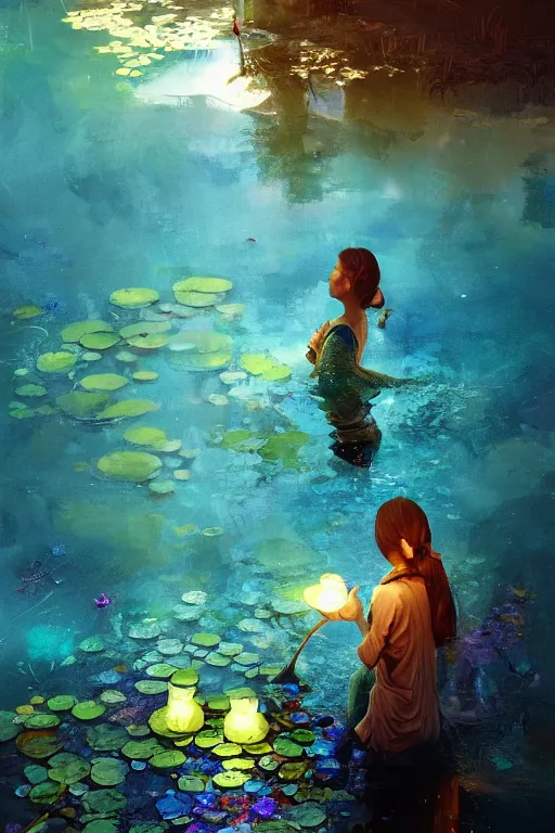 Image similar to nenufar in a pond, colorful, blue backgroung,clean, joyful, intricate, elegant, volumetric lighting, digital painting, highly detailed, artstation, sharp focus, illustration, concept art, ruan jia, steve mccurry