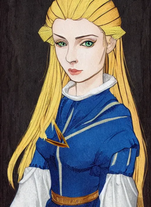 Image similar to young woman in medieval clothing, blue eyes and blond hair, a ribbon in her hair, art by ex machina,