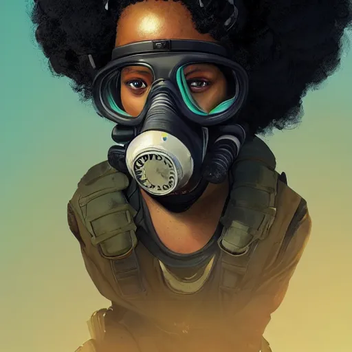 Image similar to a young black girl with afro puffs wearing a gas mask, Apex Legends character, digital illustration portrait design, by android jones and greg rutkowski, retrowave color scheme, detailed, cinematic lighting, wide angle action dynamic portrait