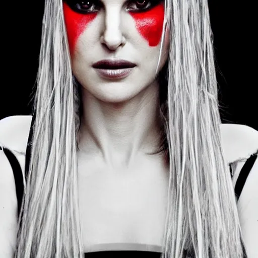 Image similar to “Natalie Portman portrait, red black white colors, long white hair, space on the background, red eyes”