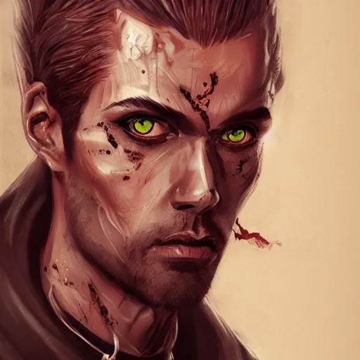 Prompt: portrait painting of a handsome Catholic priest with red eyes, dark, intricate details, highly detailed, concept art, trending on artstation, award-winning. Art by Loran DeSore and Merwild