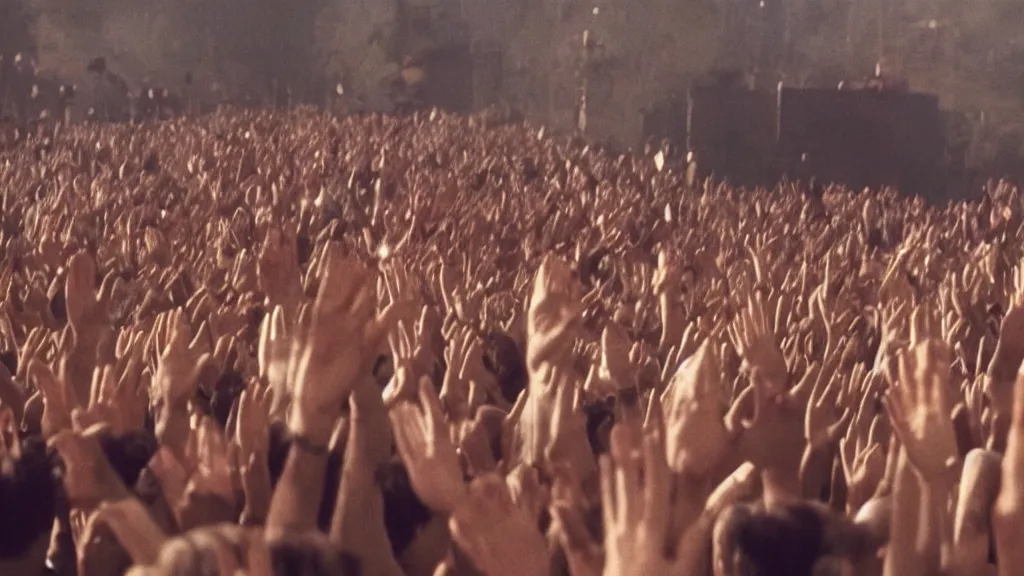 Prompt: movie still of a crowd waving hands saying good morning, cinematic composition, cinematic light, by alejandro jodorowsky