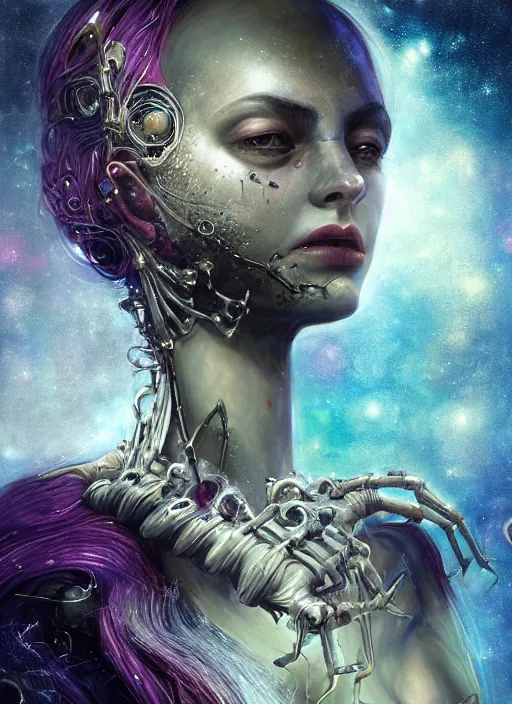 Prompt: epic portrait of menacing, agitated, anxious, crying yet stunningly beautiful and cute biomechanical djinn overseeing the iridescent fabric of the universe, by charlie bowater, mandy jurgens, gustav klimt, octane render, dramatic camera angle, 4k, 8k, high detail, HDR, by tom bagshaw, powerful, with inspiration from Beksinski, inspired by greek goddess Athena and hindu goddess Kali