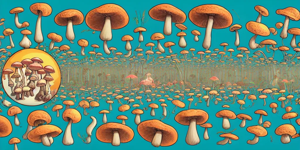 Image similar to 360 degree equirectangular, anthropomorphic family of mushrooms, family portrait, Art Deco nature, mystical fantasy, Pixar cute character design, intricate art deco mushroom patterns, elegant, sharp focus, 360 degree equirectangular panorama, art by Artgerm and beeple and Greg Rutkowski and WLOP, 360 monoscopic equirectangular