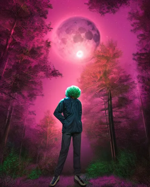 Image similar to man with pink glowing afro wearing disco jacket, standing in atmospheric spring forest at night, high contrast photoshop digital painting, realistic shading, beautiful moon lighting, best of artstation 4 k