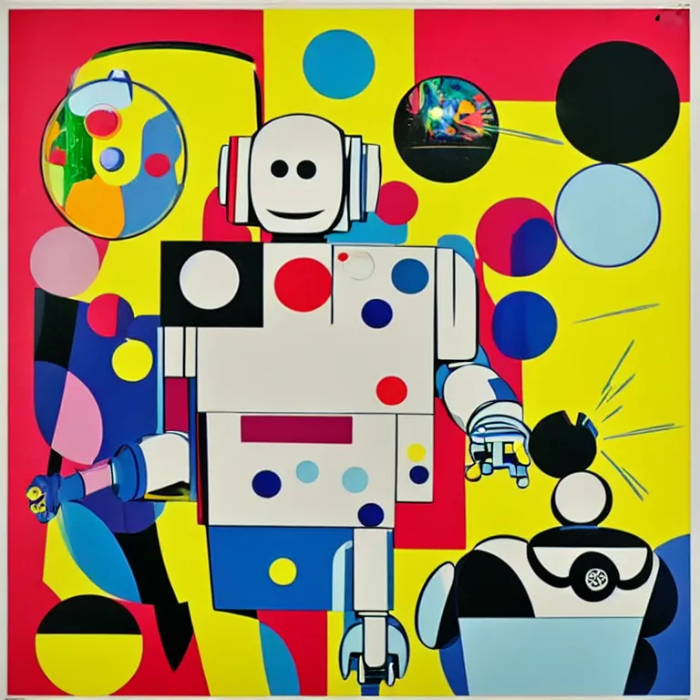 Prompt: ( ( ( ( ( a portrait of a robot family with soap bubbles, pop art ) ) ) ) ) by roy lichtenstein, claes oldenburg, james rosenquist, andy warhol and wayne thiebaud!!!!!!!!!!!!!!!!!!!!!!!!!!!!!!