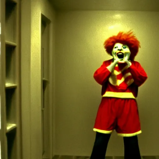 Image similar to creppy 2 0 0 3 photo of ronald mcdonald screaming in a dark room