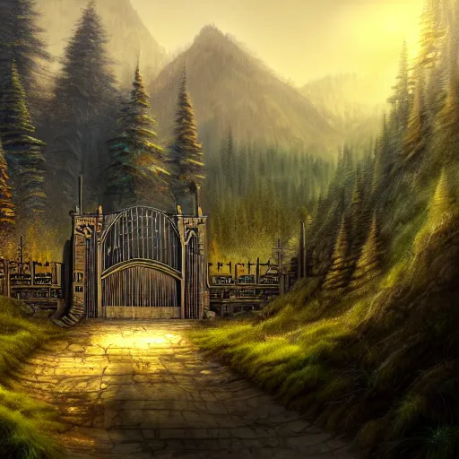 Prompt: digital painting of a detailed metal castle town looking surrounded by huge crude steel gate, steel metal border, behind a forest, large mountains in back, concept art, low angle, high detail, warm lighting, volumetric, godrays, vivid, beautiful, trending on artstation, by Jordan grimmer, no focus, huge scene, grass, no bricks