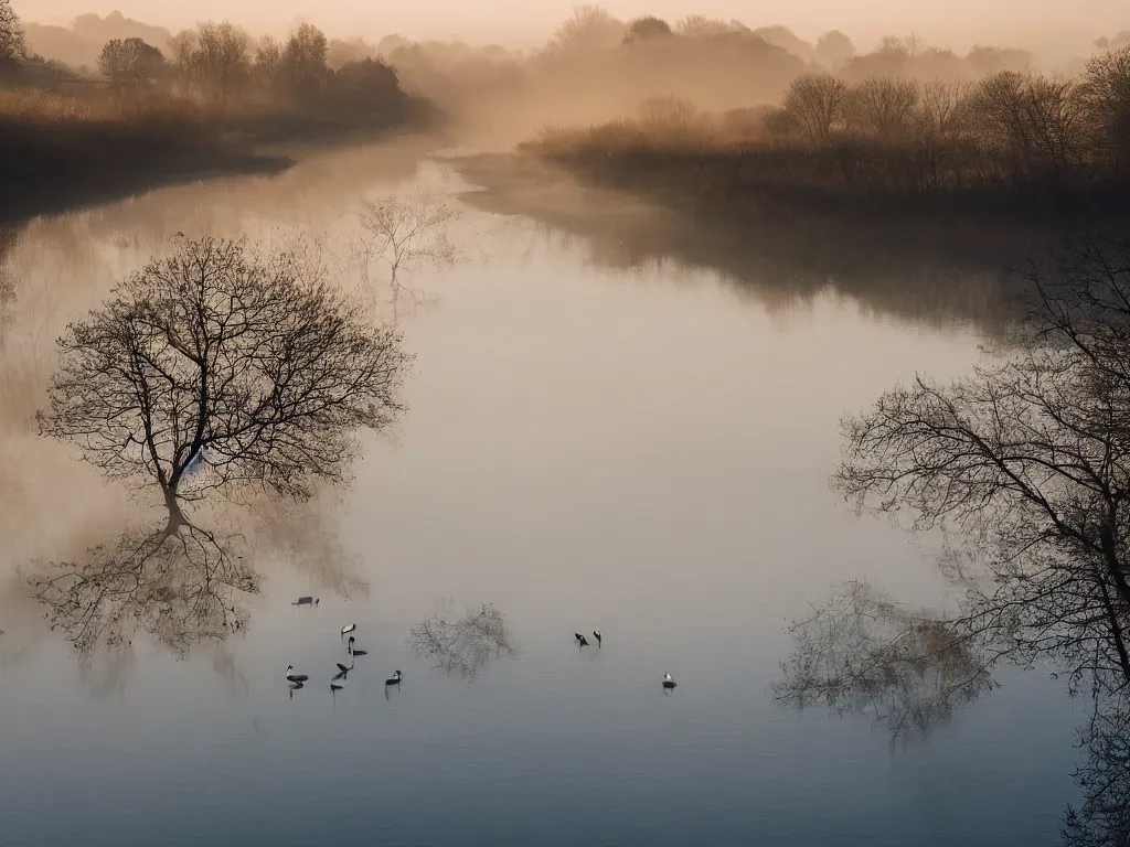 Image similar to A landscape photo taken by Kai Hornung of a river at dawn, misty, early morning sunlight, cold, chilly, two swans swim by, rural, English countryside