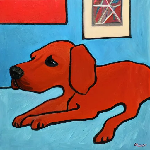 Prompt: red dog in a blue modern house