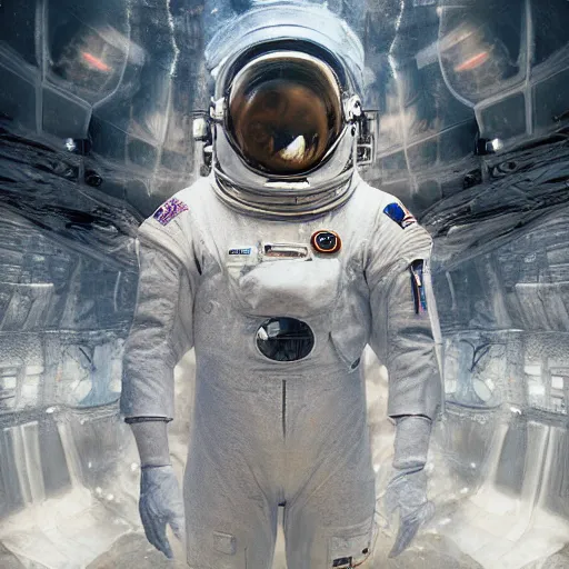 Image similar to concept art by craig mullins astronaut in futuristic dark and empty spaceship underwater. infrared complex and hyperdetailed technical suit. mandelbulb fractal. reflection and dispersion materials. rays and dispersion of light. volumetric light. 5 0 mm, f / 3 2. noise film photo. flash photography. interstellar movie art