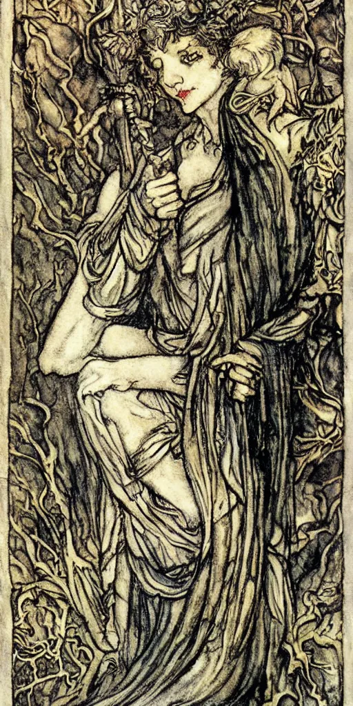 Image similar to tarot card detailed painting, illustration, tarot card framing with roman numbers, in style of Arthur Rackham