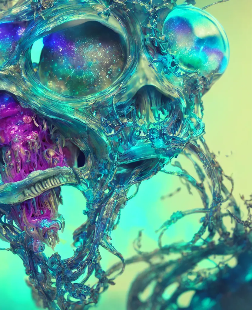 Image similar to close-up portrait of skull dichroic orchid jellyfish skull, betta fish, bioluminiscent creatures, intricate artwork by Tooth Wu and wlop and beeple. octane render, trending on artstation, greg rutkowski very coherent symmetrical artwork. cinematic, hyper realism, high detail, octane render, 8k