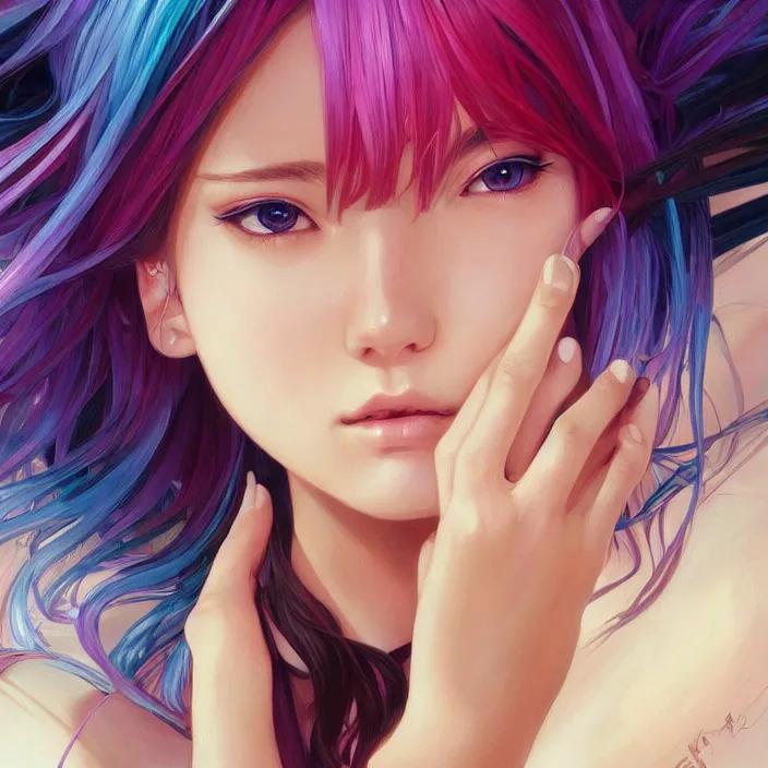 Image similar to portrait of beautiful symmetrical anime girl, rainbow hair, attractive, casual, modern, victoria's secret, highly detailed, digital painting, artstation, concept art, smooth, sharp focus, illustration, art by artgerm, greg rutkowski and alphonse mucha, 8 k,