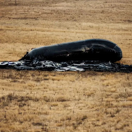 Prompt: crashed cargo plane leaking mysterious black gooey liquid, mysterious black slime, black gooey liquid leaking out of crashed cargo plane, apocalyptic, 8 5 mm f / 1. 4