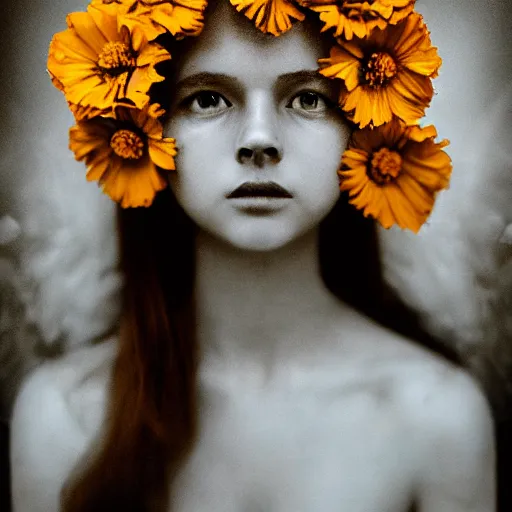 Image similar to realistic expired kodak film portrait of an angel woman flowers, marigold celestial vibe, hyperrealism, hypermaxiymalism, photorealistic, detailed, atmospheric, 8 k, award winning photography, cinematic